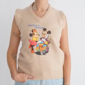 Vintage Disney Beige Mickey Minnie Graphic Knit Sweater Vest V Neck Cartoon M